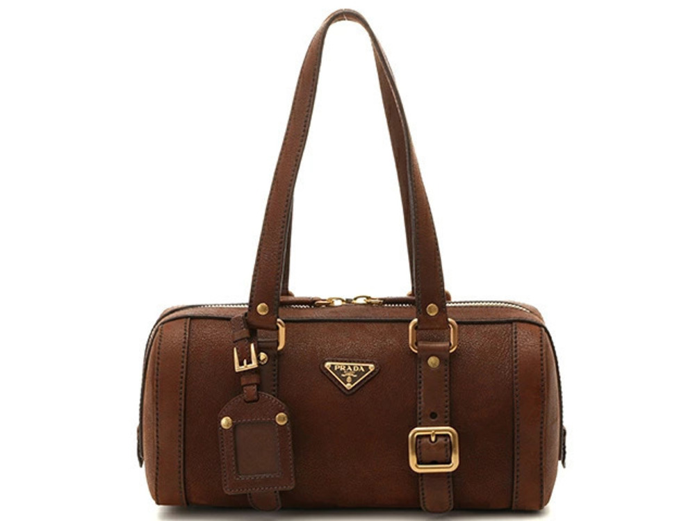 Prada Tessuto Boston Bag Dark Brown Leather